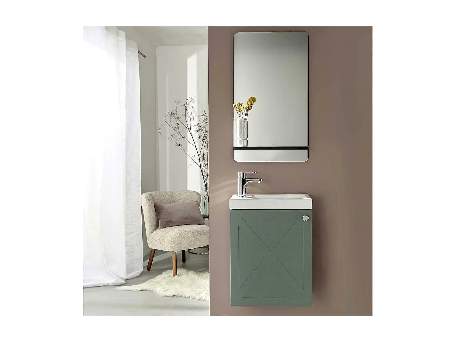 Meuble lave-mains AVA vert de gris + miroir tablette blanche + rob chromé