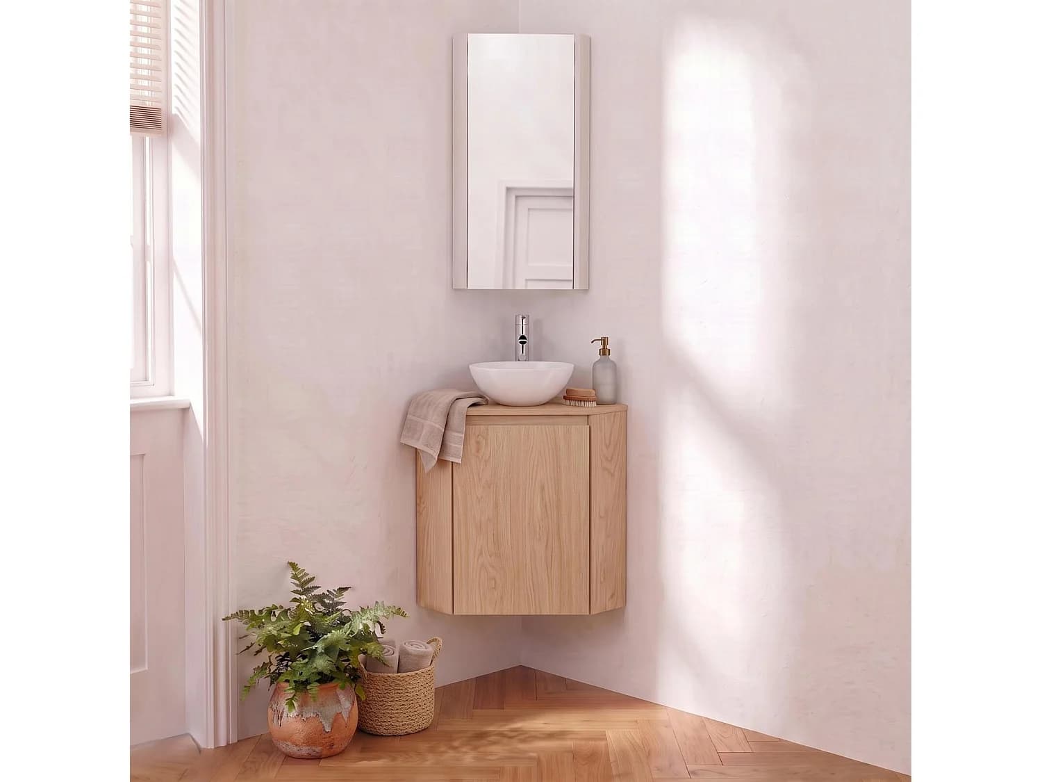 Ensemble lave-mains d'angle avec vasque, robinet et armoire de toilette SORRENTO