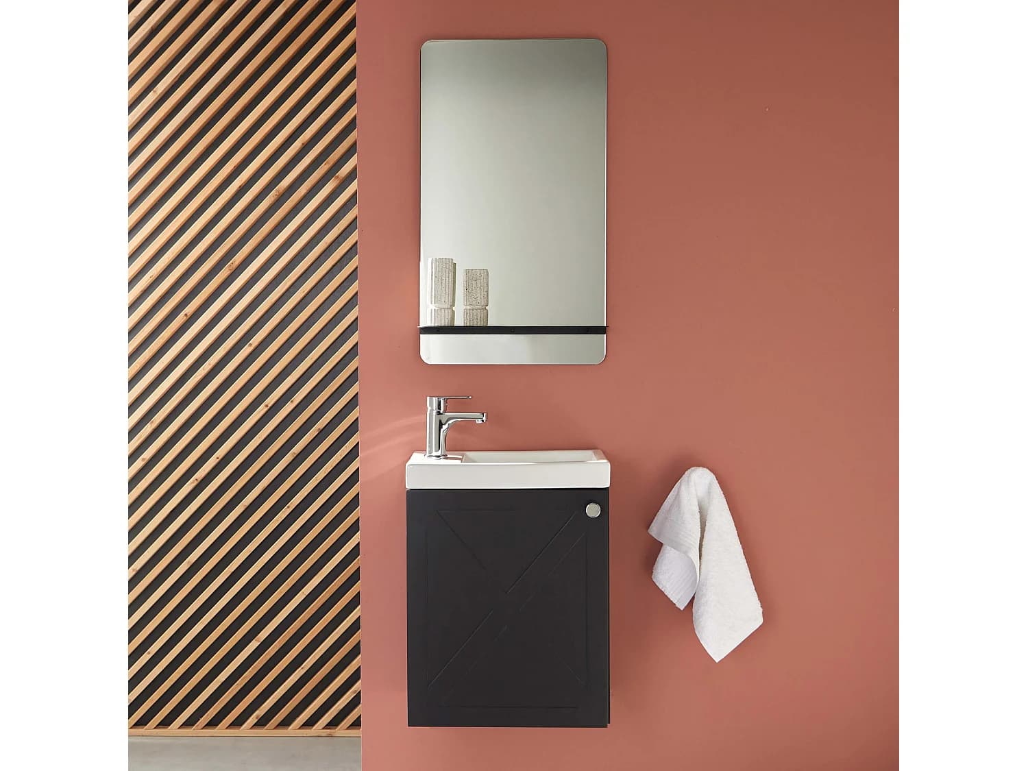 Meuble lave-mains AVA noir carbone + miroir tablette blanche + rob chromé
