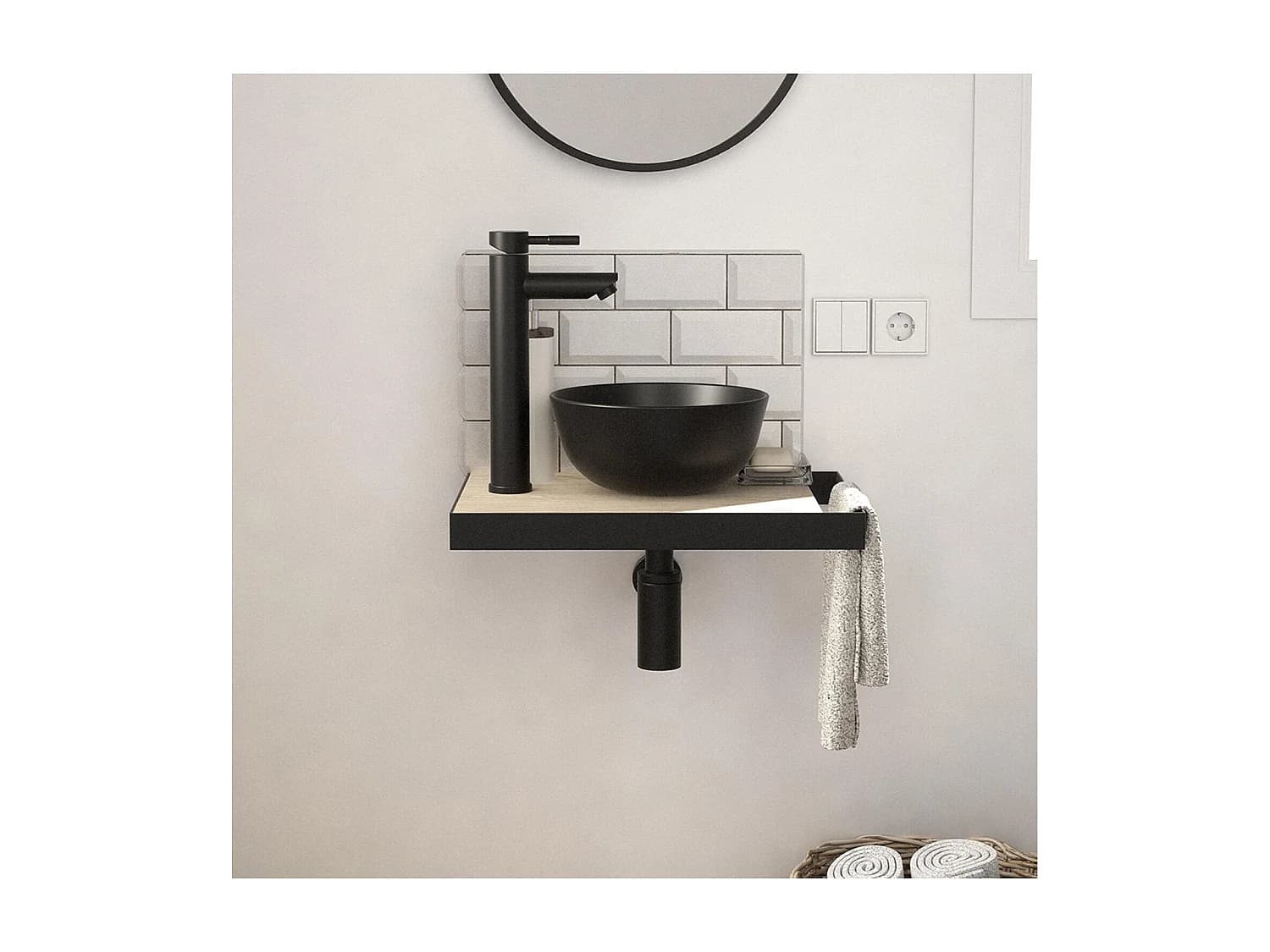 Meuble lave-mains SOHO plan fin et porte serviette côté vasque noire