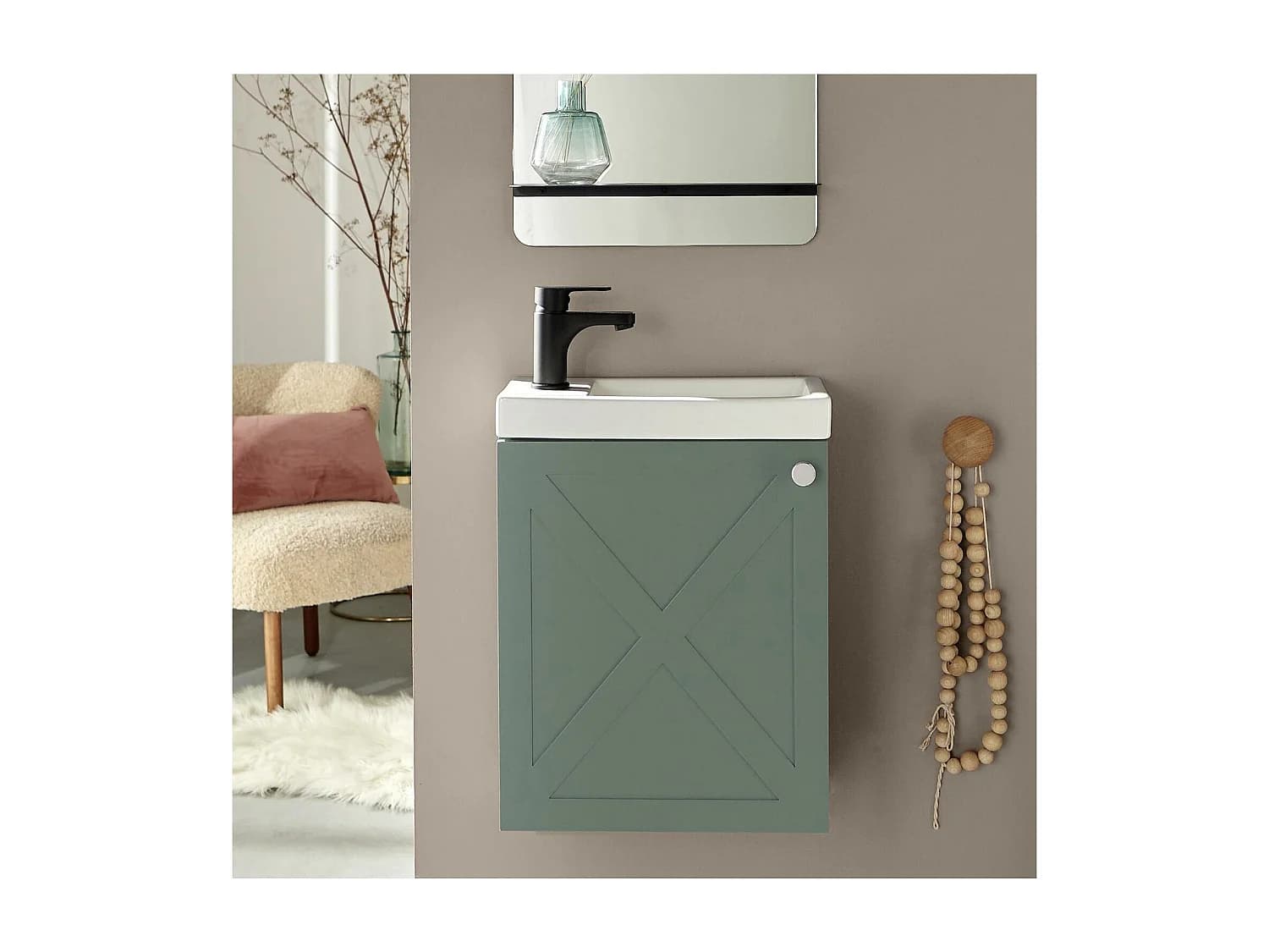 Meuble lave-mains AVA vert de gris + robinet noir