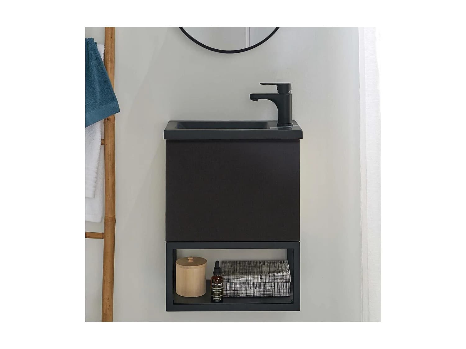 Meuble lave-mains NOVA suspendu métal et bois avec vasque en résine 40x50cm