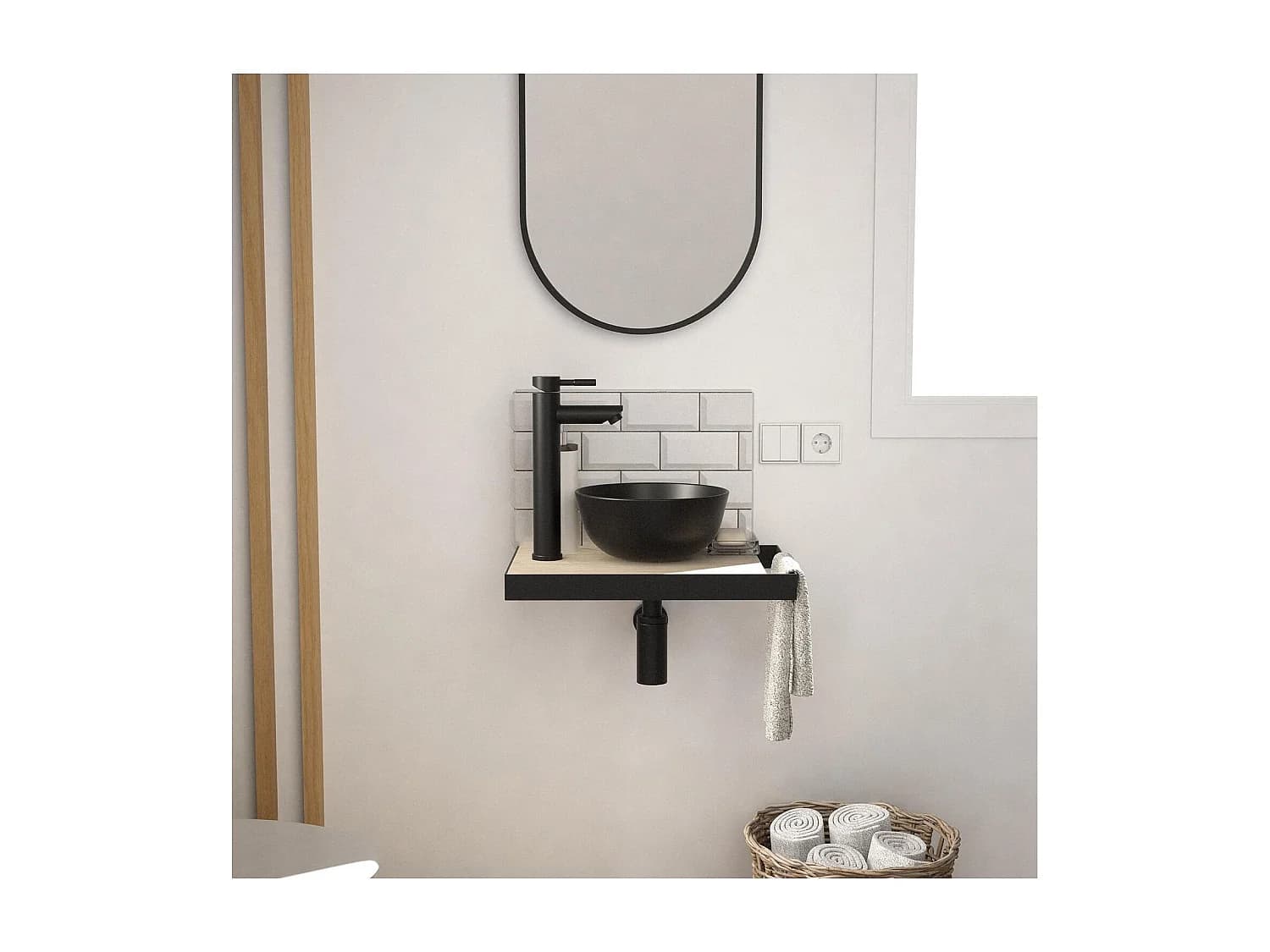 Meuble lave-mains SOHO plan fin p-serviette côté vasque noire + miroir
