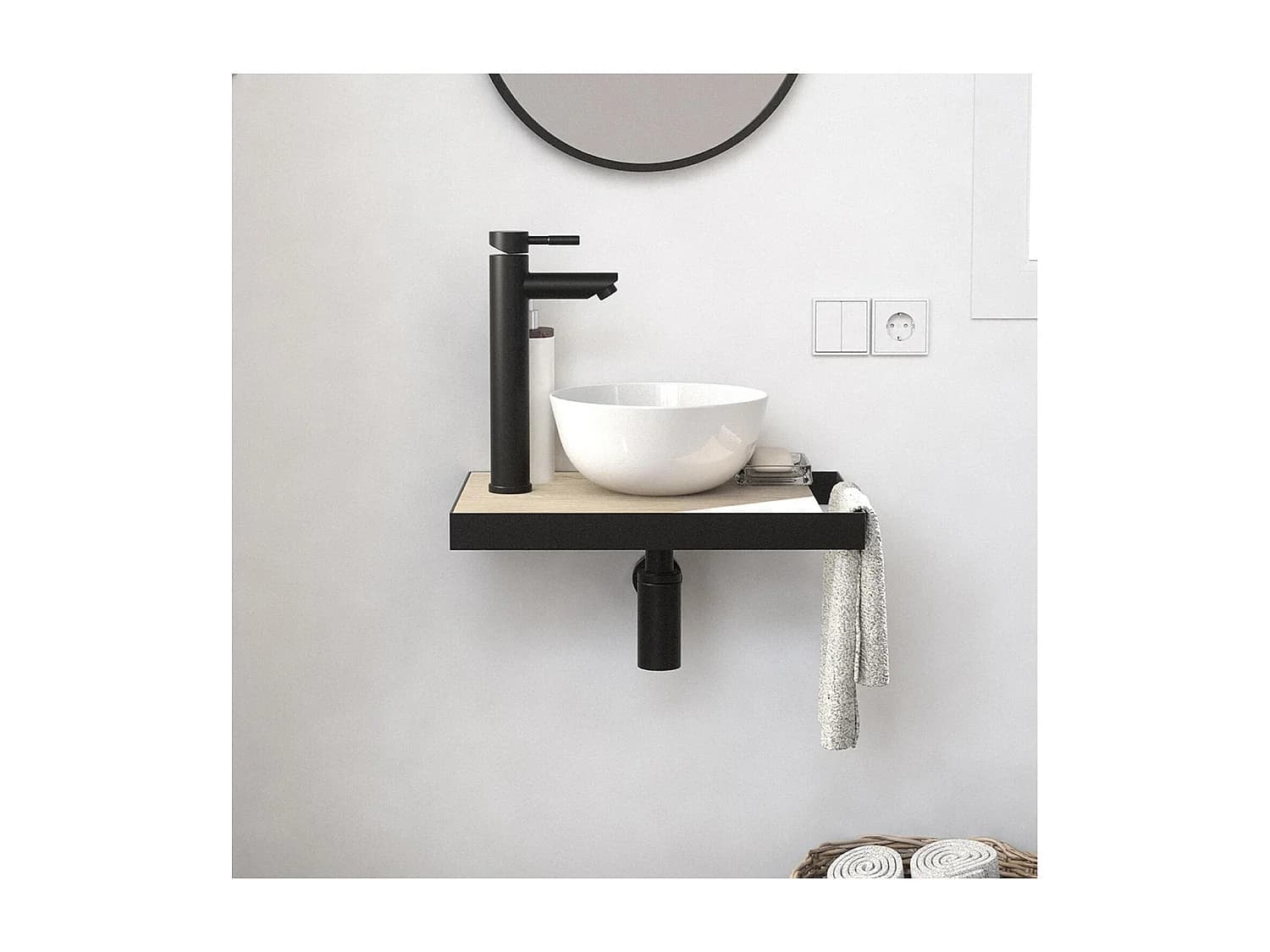 Meuble lave-mains SOHO avec porte serviette, vasque blanche et robinet