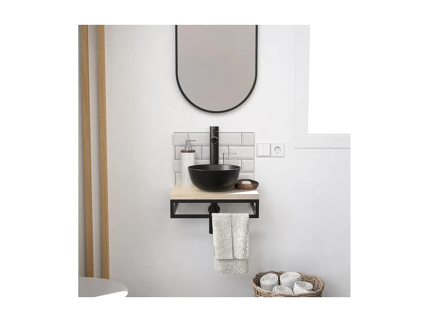 Meuble lave-mains SOHO plan fin p-serviette dessous vasque noire+miroir