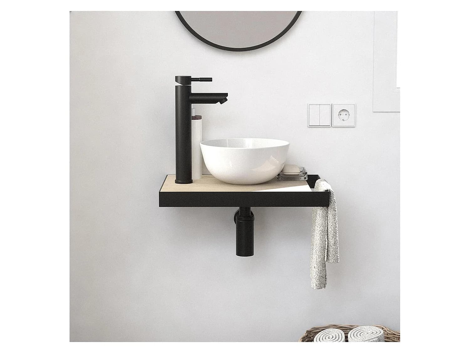 Meuble lave-mains SOHO plan fin et porte serviette côté vasque blanche