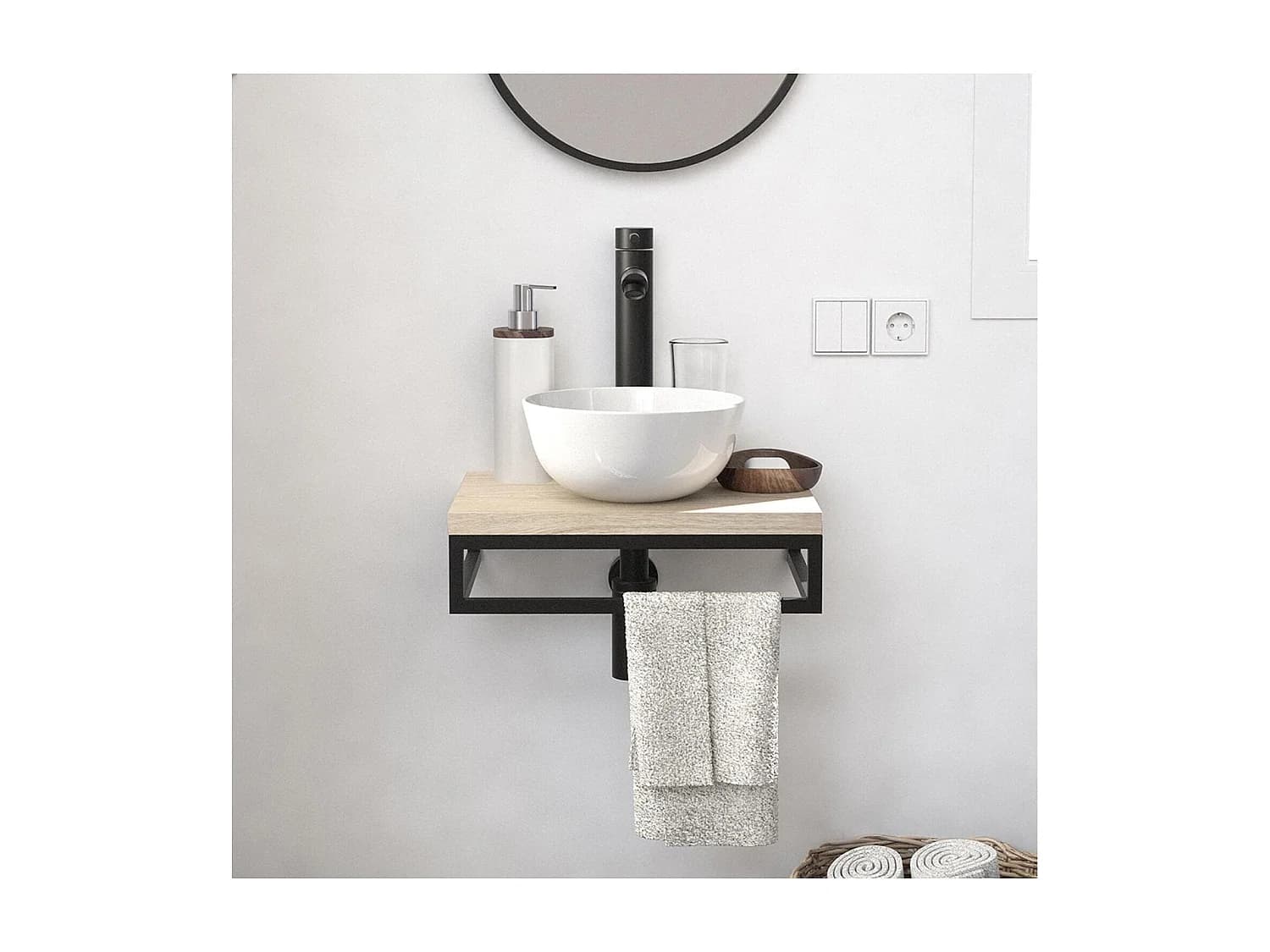 Meuble lave-mains SOHO plan fin p-serviette dessous vasque blanche+robinet