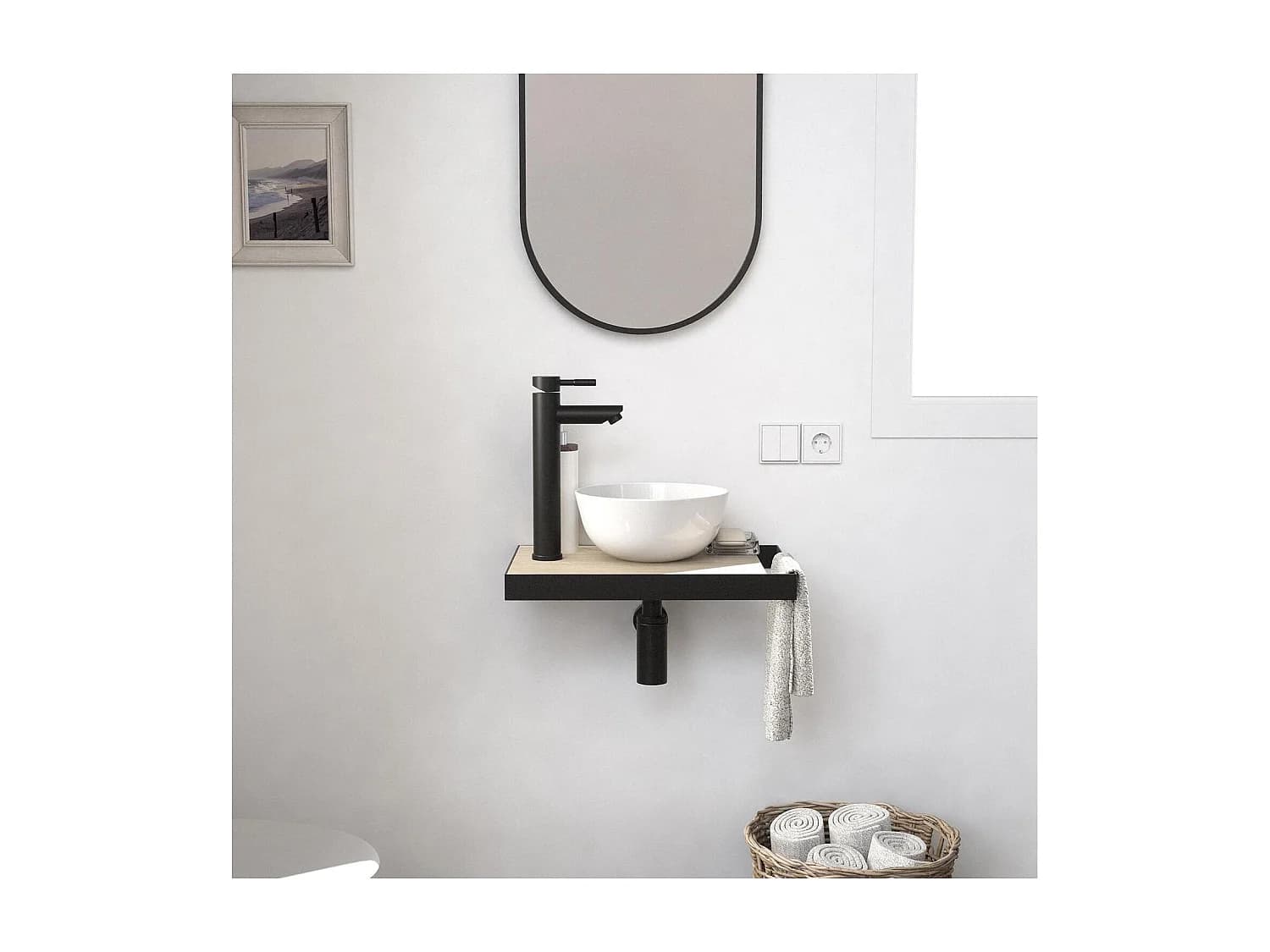 Meuble lave-mains SOHO plan fin p-serviette côté vasque blanche+rob+miroir
