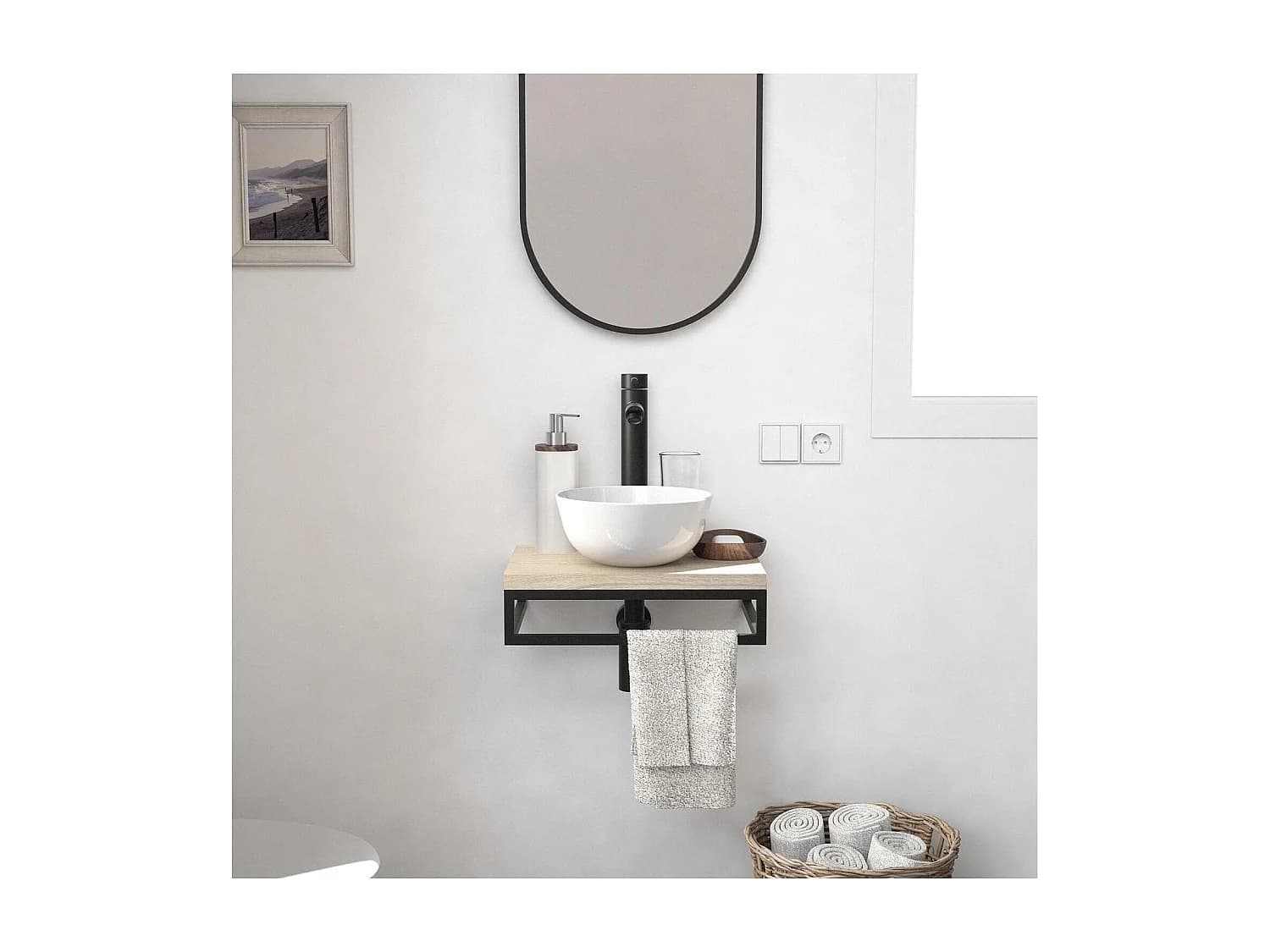 Meuble lave-mains SOHO plan fin p-serviette dessous vasque blanche +miroir
