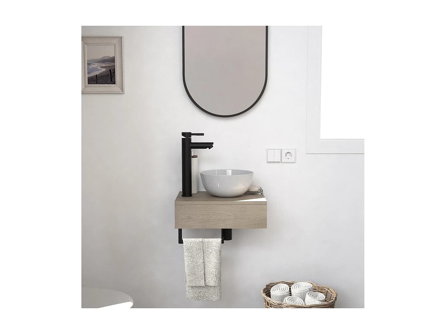 Meuble lave-mains SOHO plan épais vasque blanche + miroir