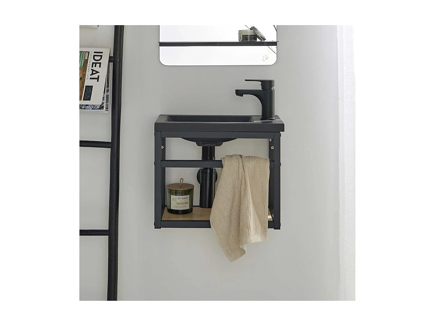 Meuble lave-mains gain de place avec vasque résine 40x32.5cm