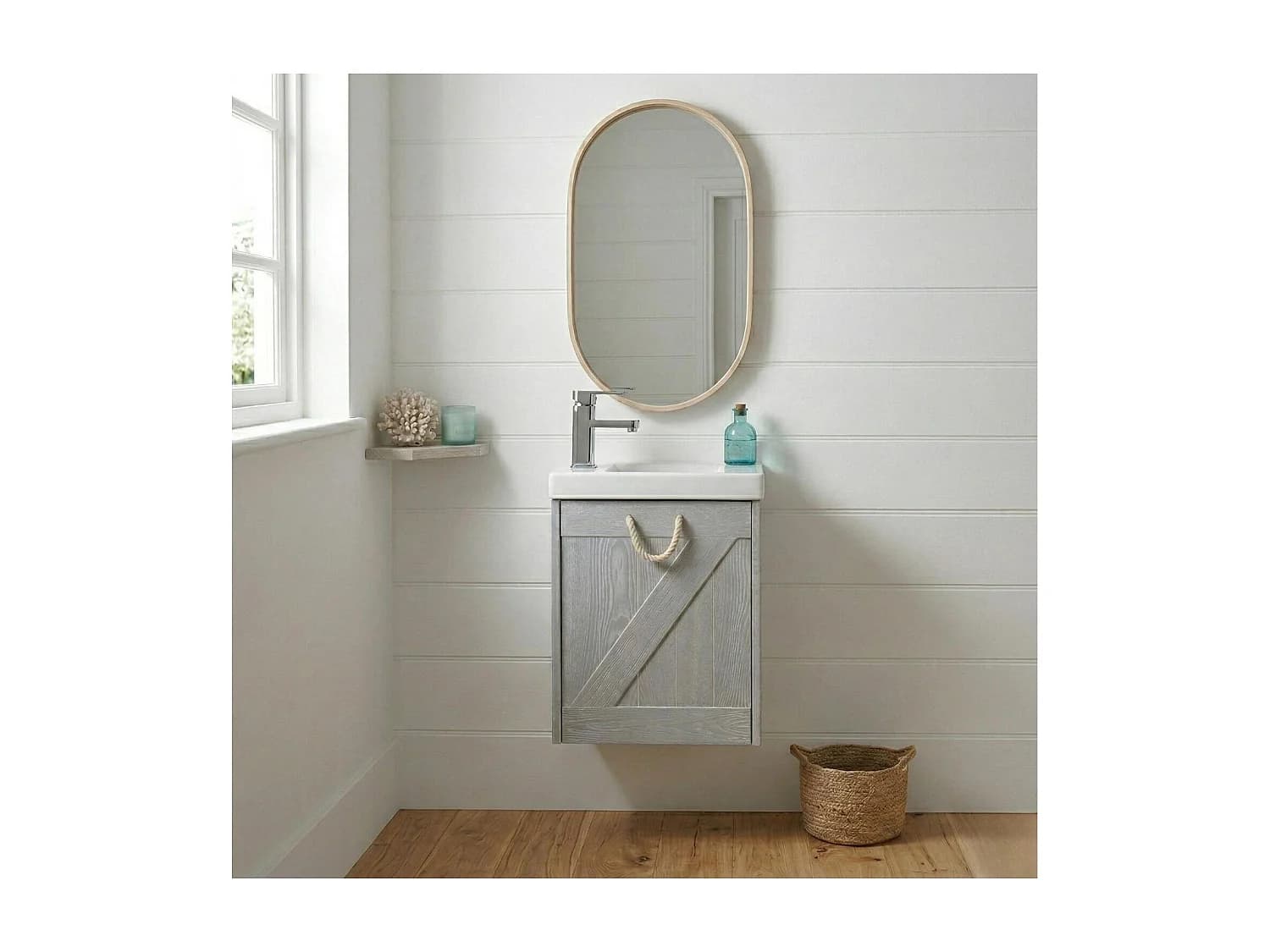 Meuble lave-mains gris bord de mer + robinet + miroir MISTRAL