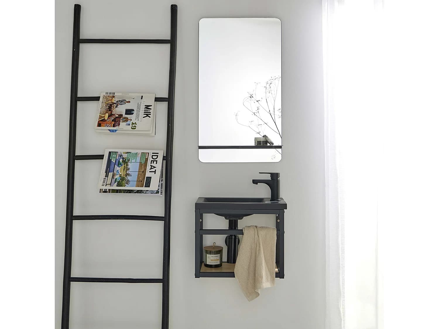 Meuble lave-mains SAO + robinet noir + miroir