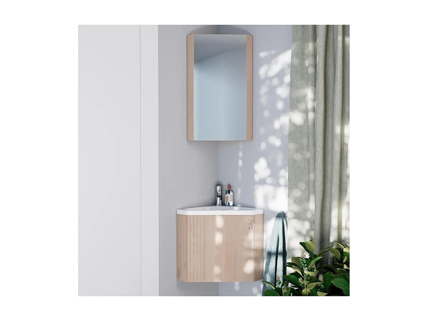 Meuble lave-mains d'angle décor chêne KODA + robinet + armoire miroir