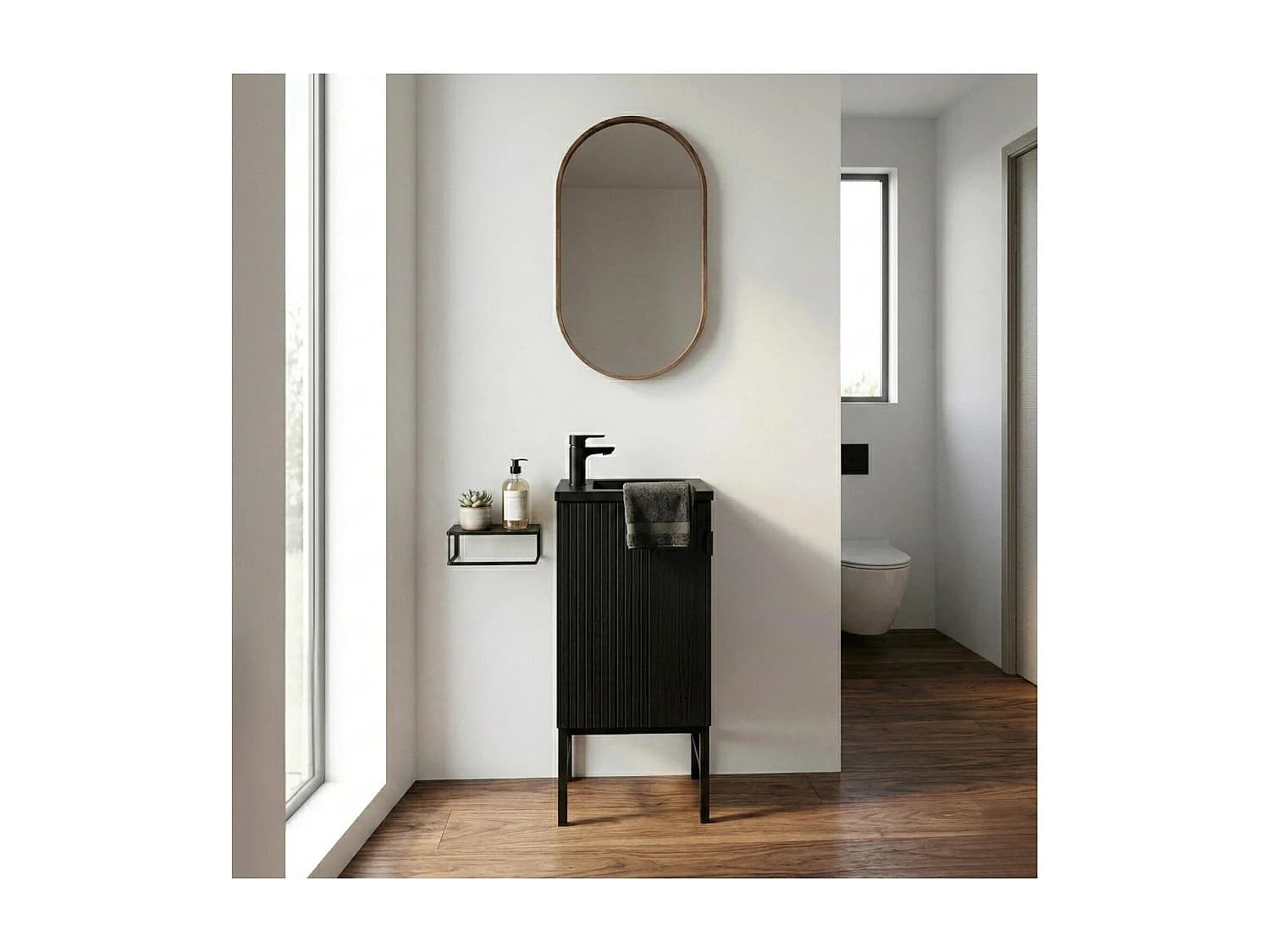 Lave-mains sur pieds décor chêne carbone + miroir STUDIO