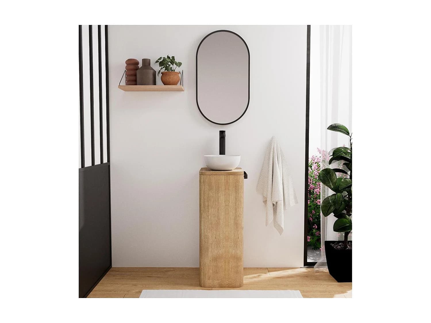 Ensemble lave-mains totem en chêne massif avec vasque et miroir ovale