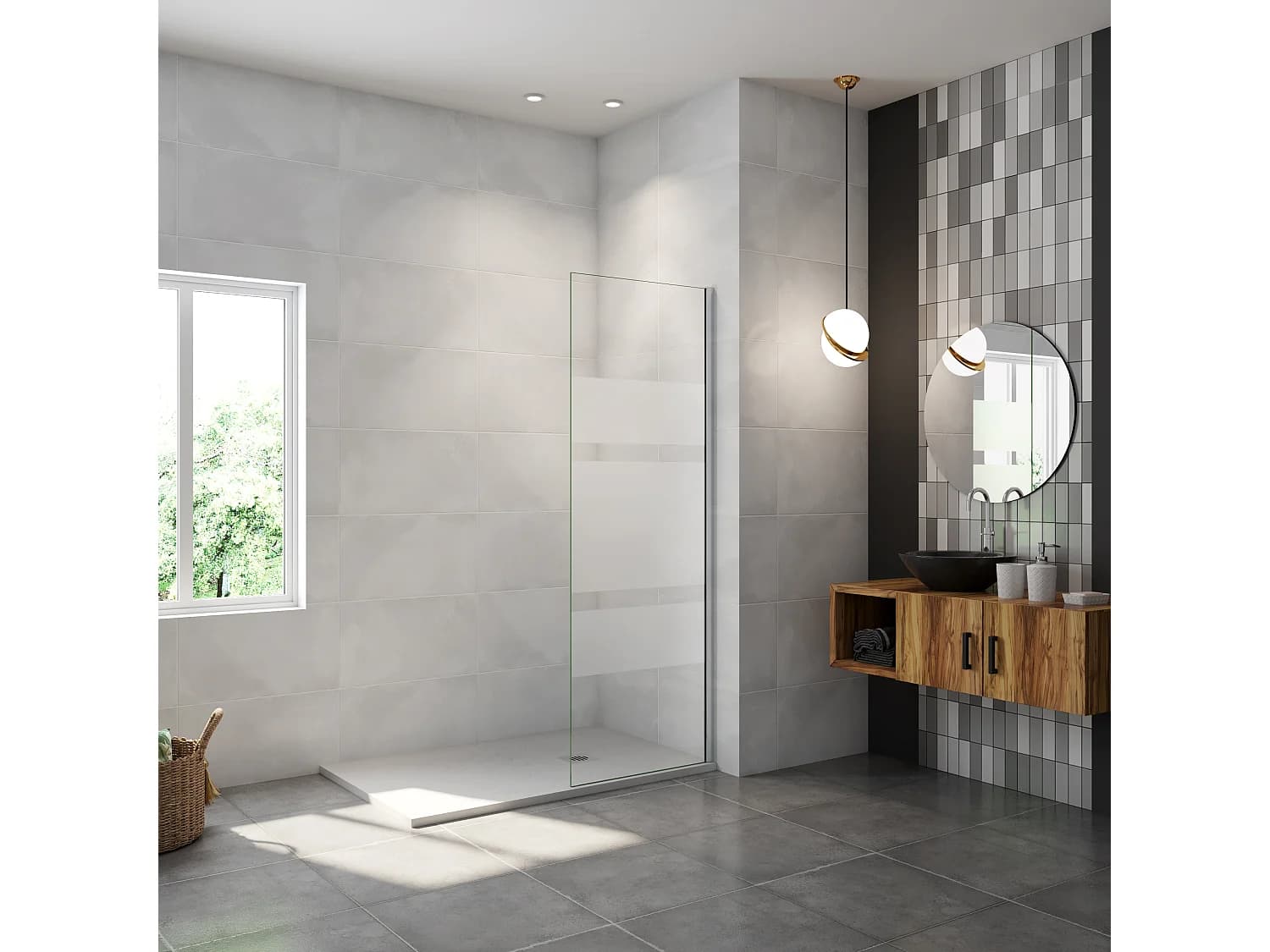 AICA paroi de douche à l'italienne chromé 60x190cm,6mm verre anticalcaire,paroi fixe avec bandes horizontales sérigraphiées