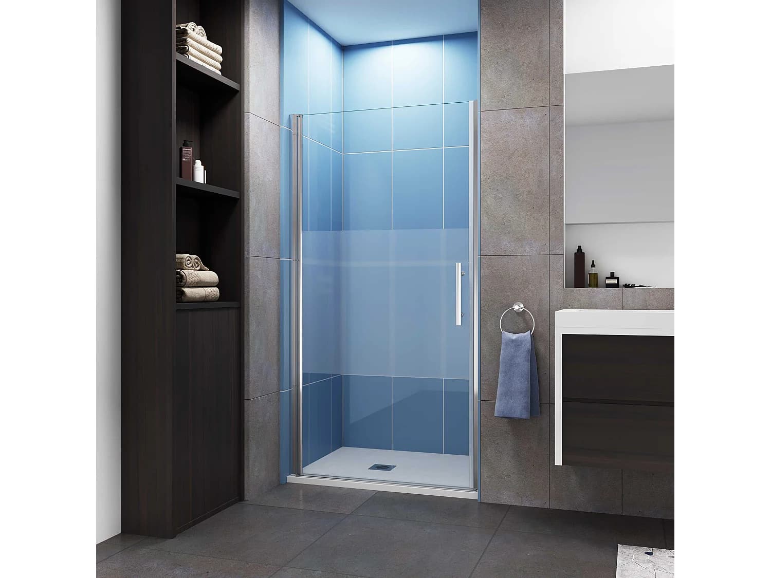 Aica Porte de Douche Pivotante Chrome L70xH185cm en verre bande central Dépoli ,6mm Verre Anticalcaire Pivotant à 90°—Installation à gauche en niche