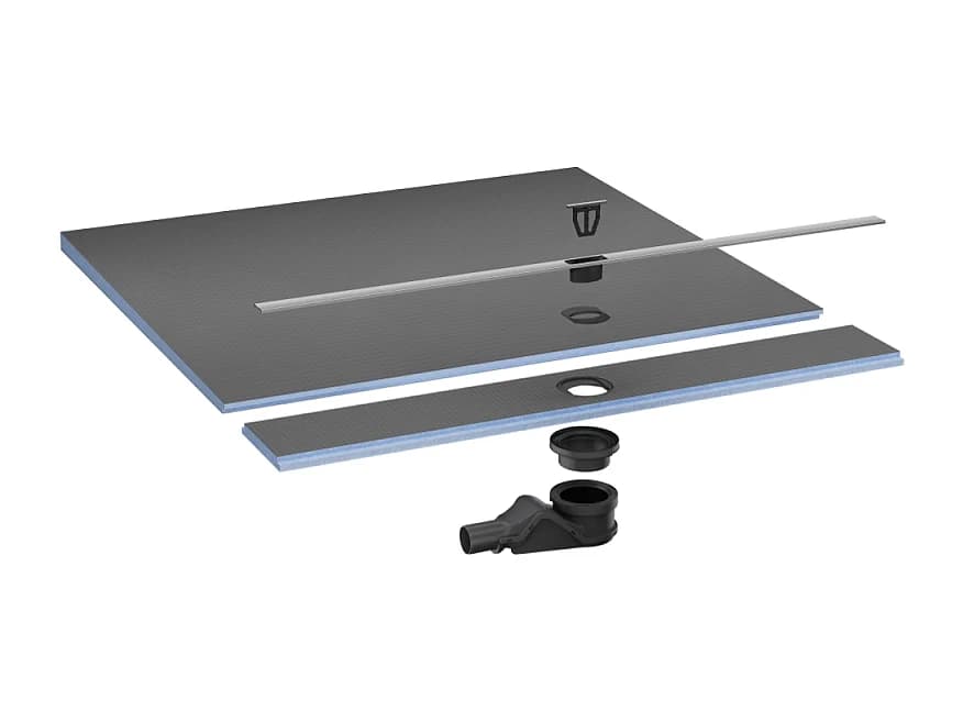 Pack receveur de douche pré-penté 104 x 160 x 3,8 cm WEDI Fundo Flex béton +bonde horizontale+écoulement+support+colle+kit étanche
