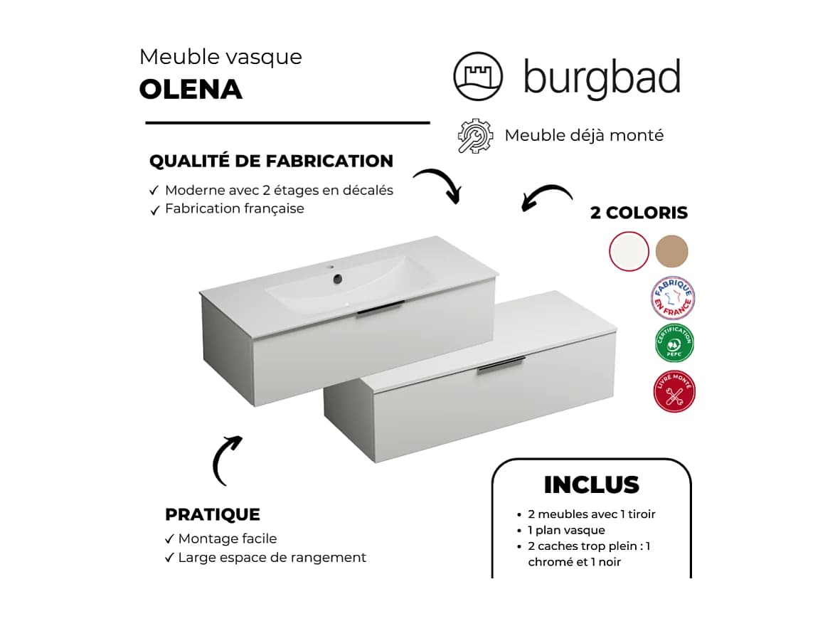 Meuble vasque 90 cm BURGBAD Olena en décalé blanc