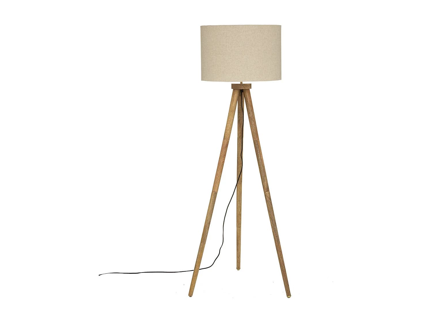 Lampadaire Trépied en Bois de Manguier et Abat-jour Beige lin H 150 cm