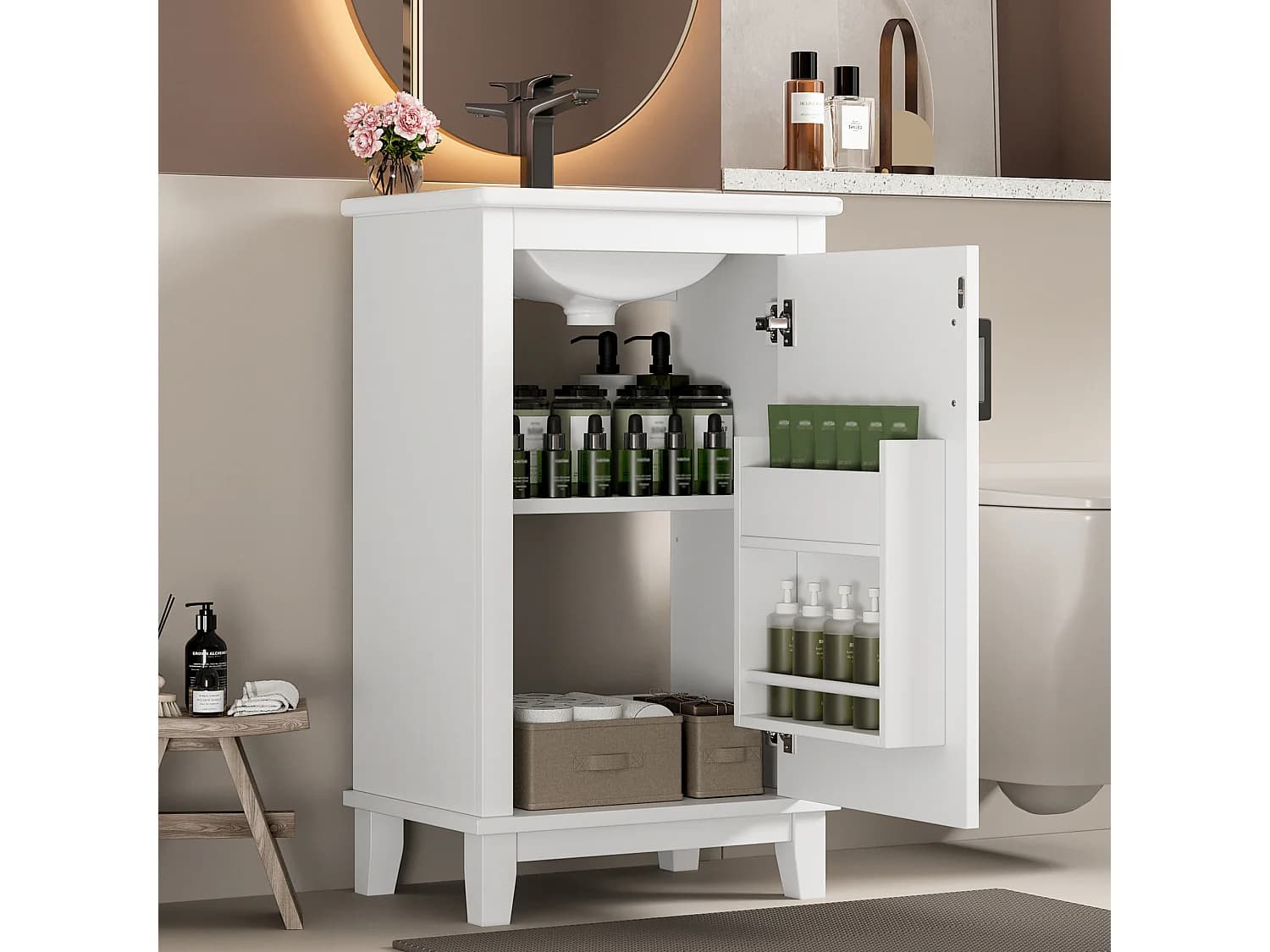 Meuble de salle de bain - 48 x 33 x 83 cm - avec 1 porte + étagères + vasque en céramique intégrée - Céramique + MDF - blanc