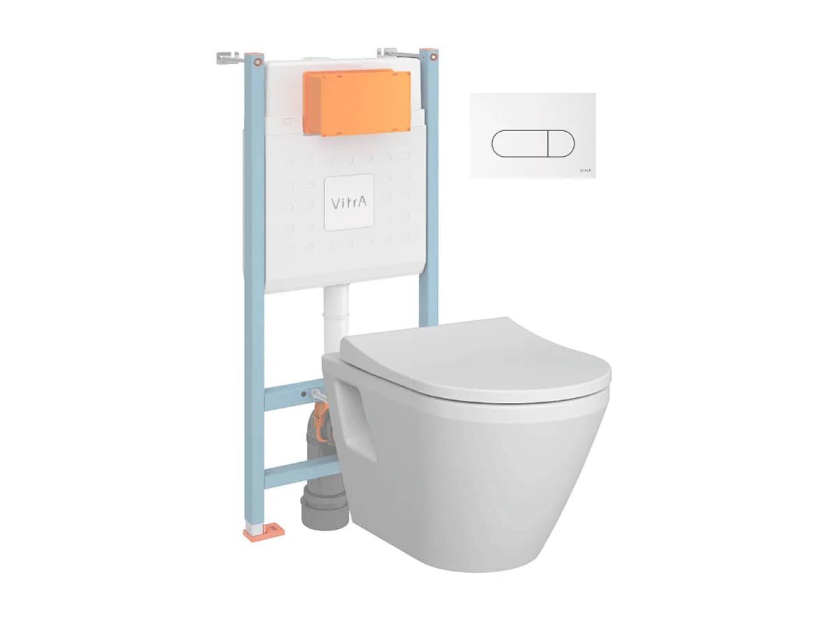 Pack WC suspendu VitrA Integra blanc + bâti mur porteur V-Fix Core + Plaque Round Blanche
