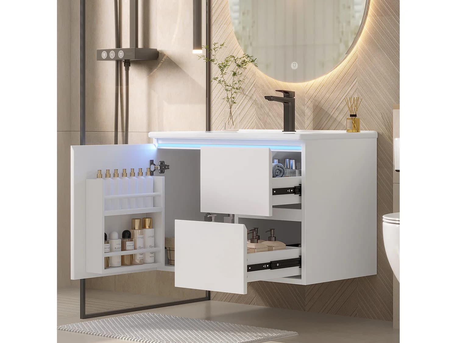 Meuble simple vasque suspendus - 76 x 46 x 50 cm - avec Leds + 2 tiroirs - vasque intégrée - Céramique + MDF - blanc (Robinet non inclus)