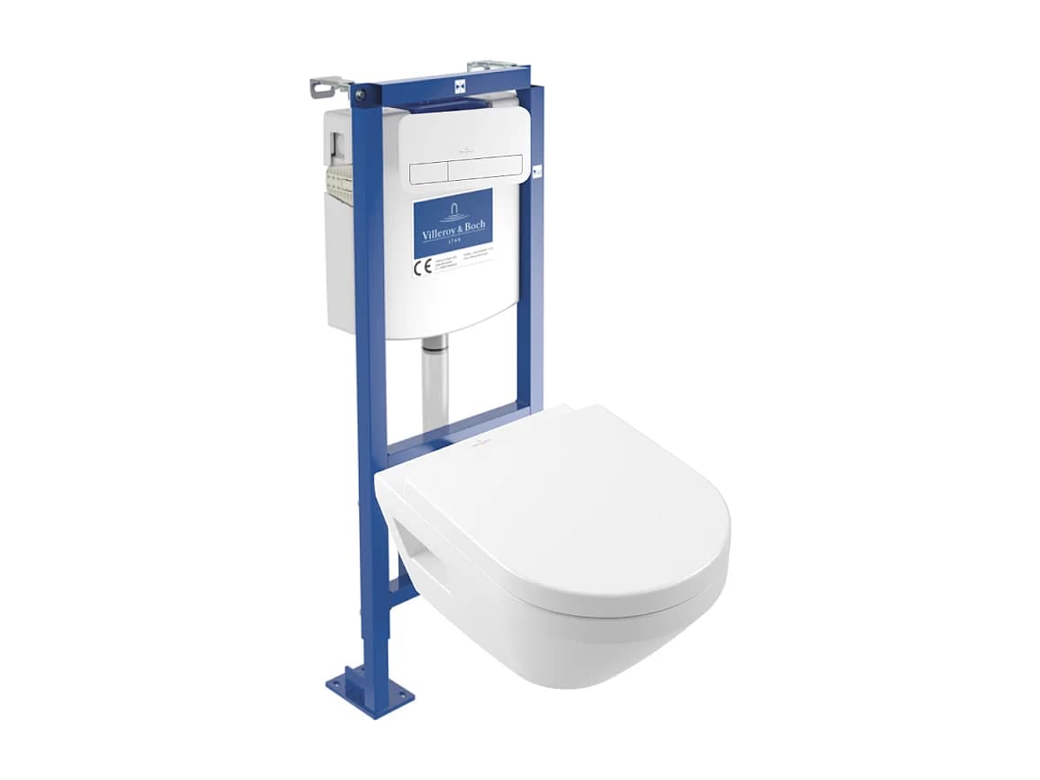 Pack WC suspendu sans bride Villeroy & Boch Architectura Twistflush [e³] rond + bâti-support ViConnect + plaque blanc