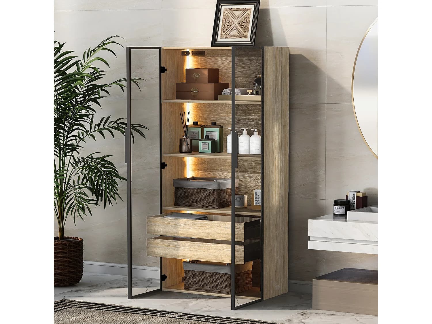 Armoir de salle de bain avec 2 portes en verre et 2 tiroirs cachés, LED inclus, corps en MDF naturel clair - 74x36x155cm