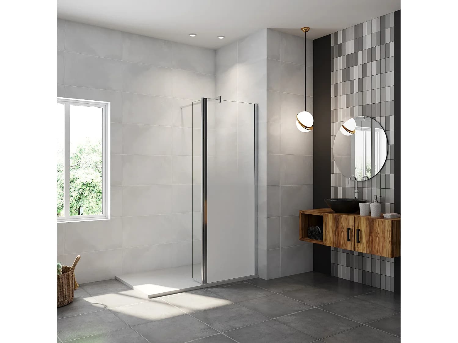 Paroi de douche avec 30 cm retour pivotant - 70 x 200 cm - 8 mm Verre effet Brume, finition chrome avec barre de fixation 140cm