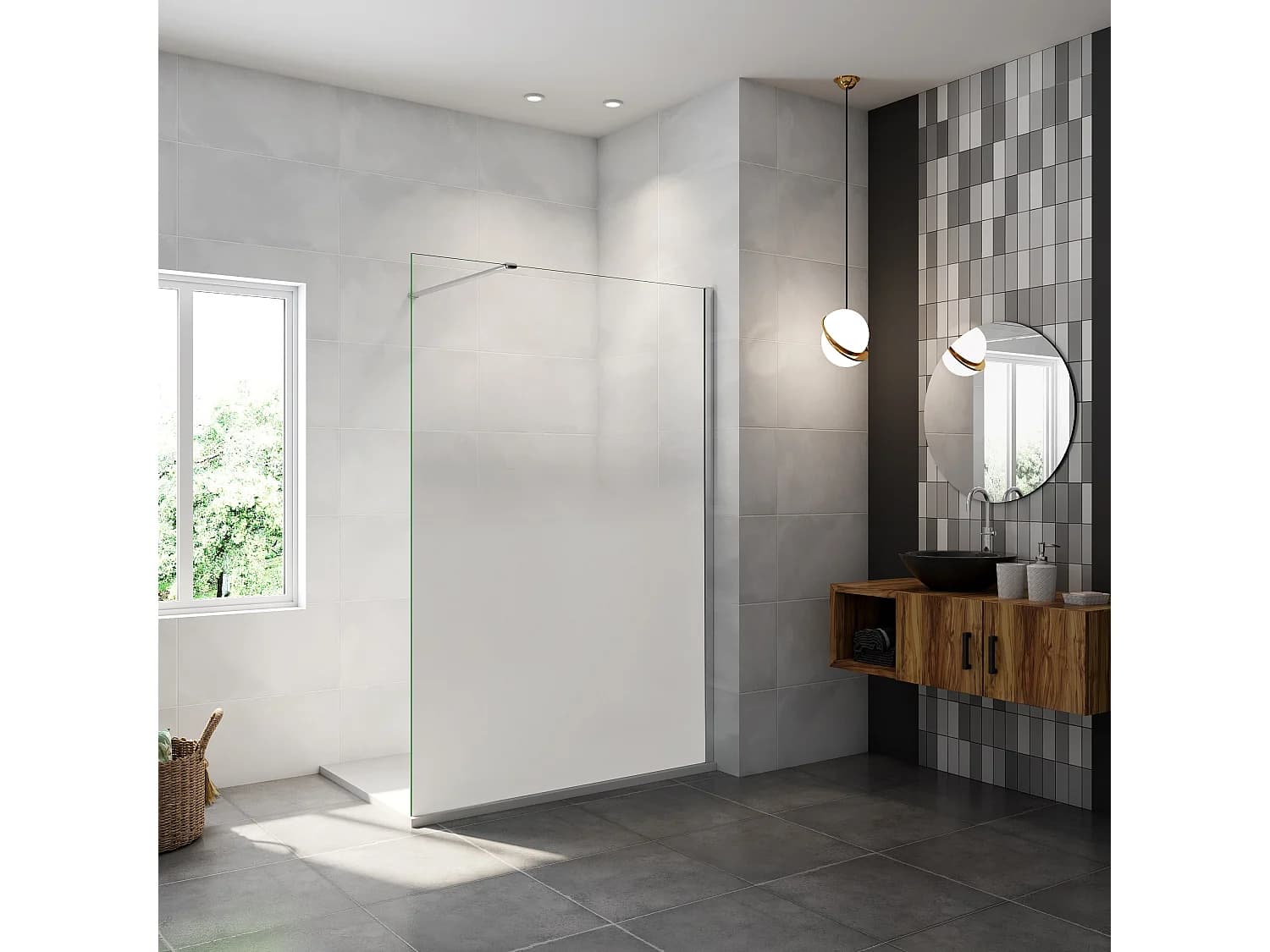 Paroi de douche verre trempé sérigraphié Brume en 8 mm verre - 120 x 200 cm - Profilés chrome avec barre de fixation 140cm