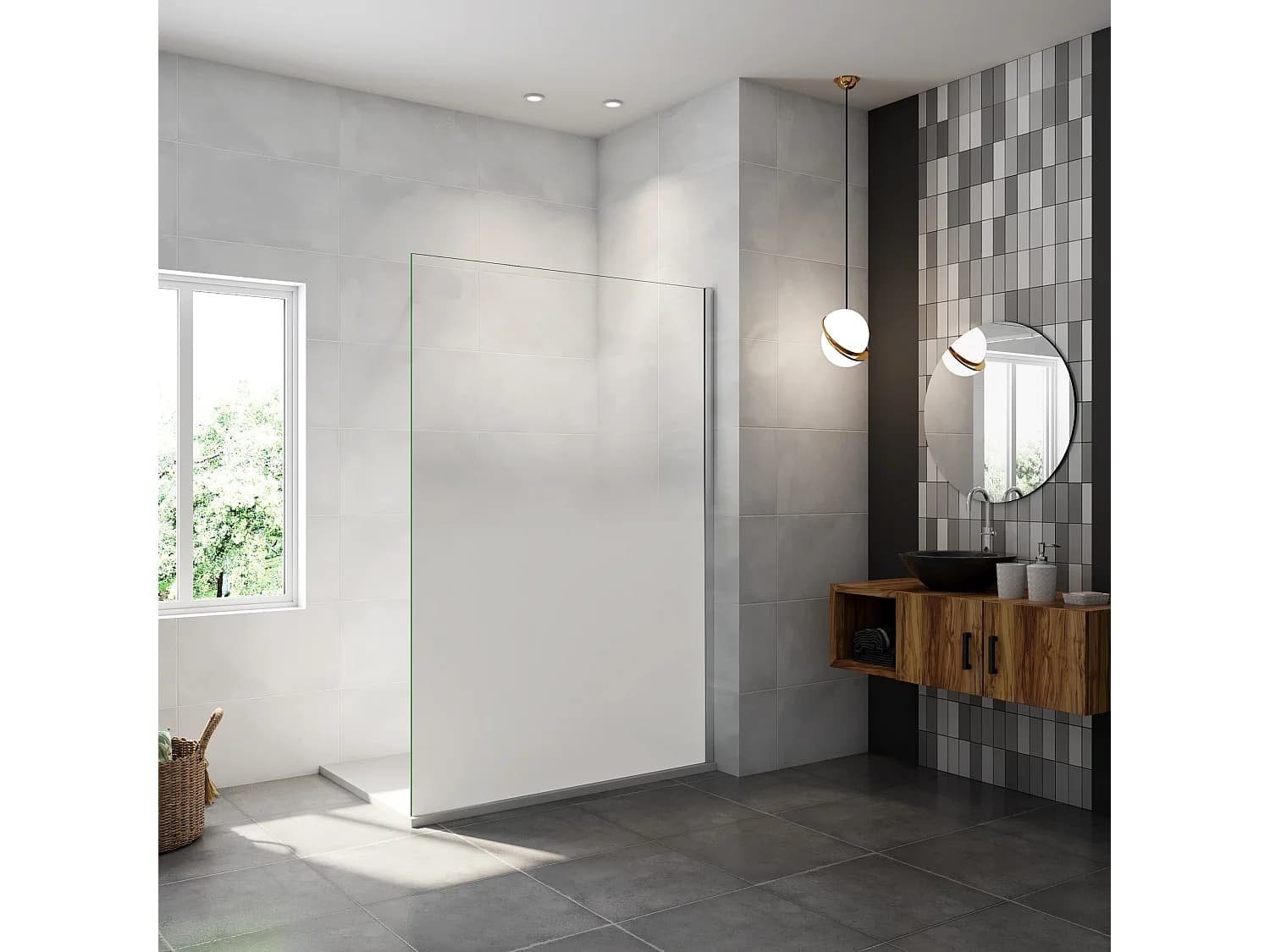 Paroi de douche verre trempé sérigraphié Brume en 8 mm verre - 120 x 200 cm - Profilés chrome et Intimité & élégance
