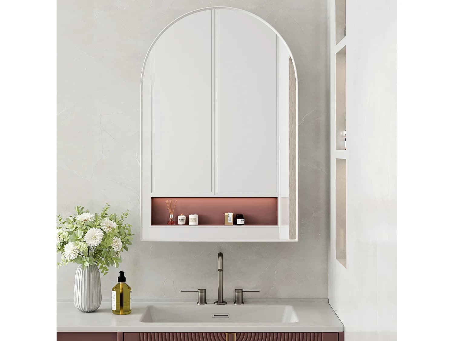 Armoire miroir incurvée, cabinet mural avec cadres métalliques et étagères ajustables, pour salle de bain, salon et chambre (91x61x12 cm)