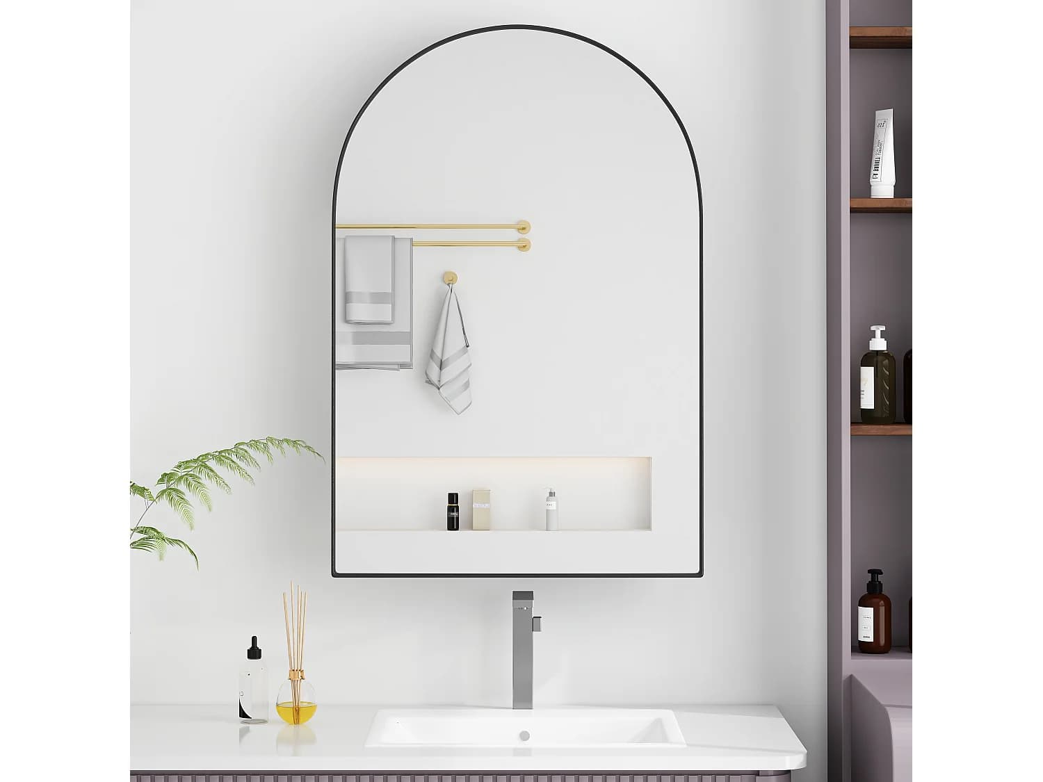 Armoire miroir incurvée, cabinet mural en métal avec miroir et étagères réglables, pour salle de bain, salon et chambre, noir (91x61x12 cm)