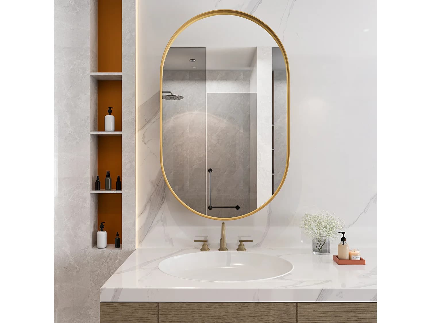 Armoire miroir ovale, cabinet mural avec cadre en métal, étagères réglables, pour salle de bain, salon et chambre, doré (91x61x12 cm)