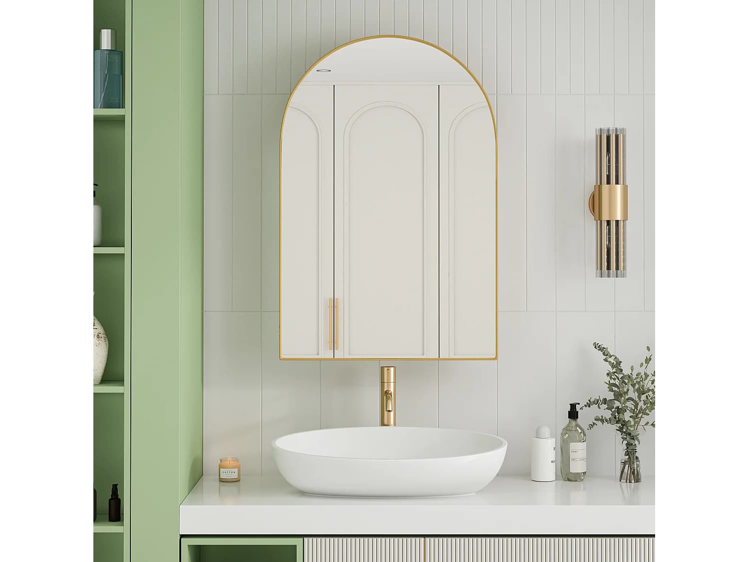 Armoire miroir incurvée, cabinet mural avec cadre métallique, étagères ajustables, pour salle de bain, salon et chambre, or (91x61x12 cm)