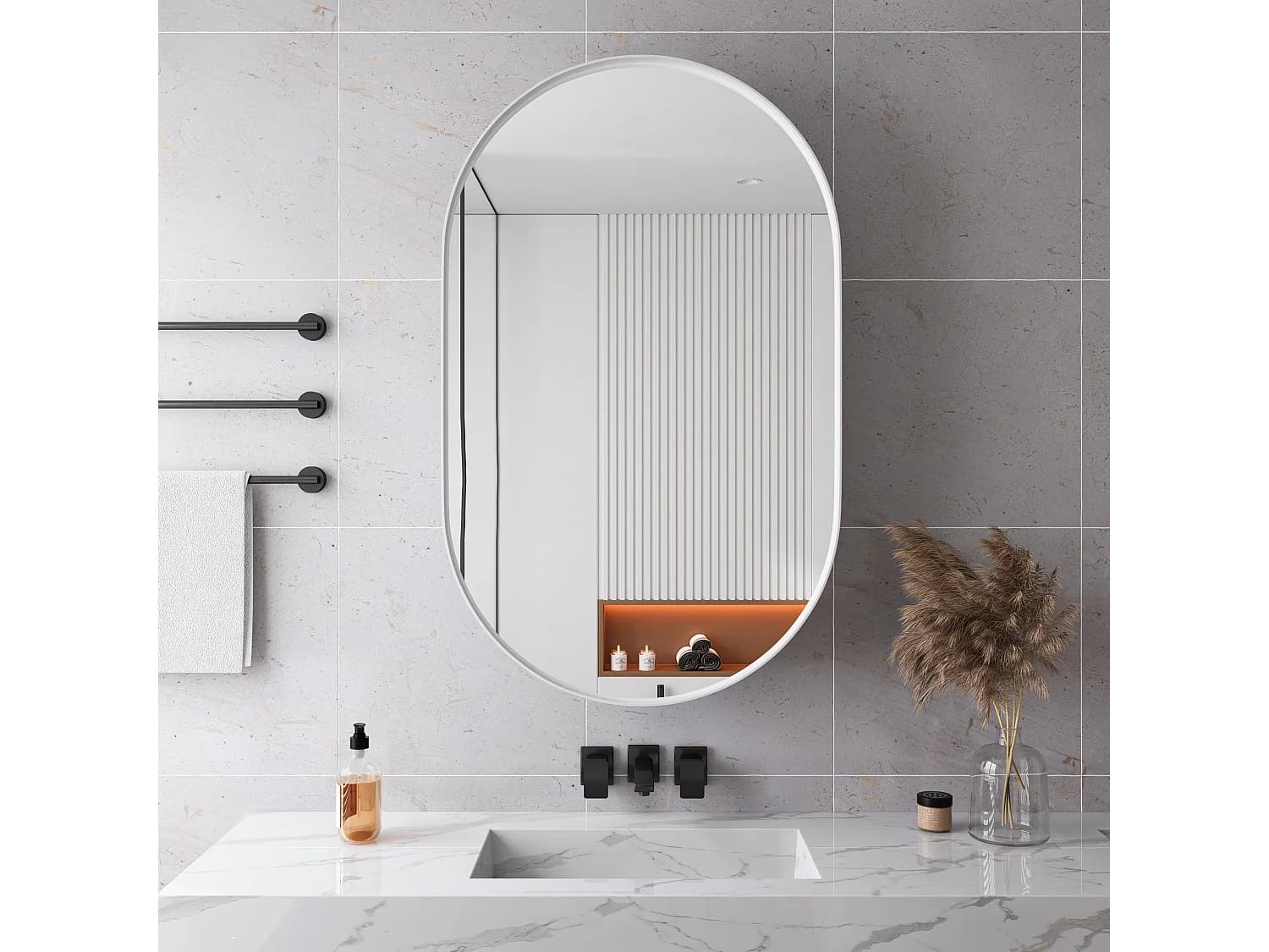 Armoire miroir ovale, cabinet mural avec cadre en métal, étagères réglables, pour salle de bain, salon et chambre, blanc (91x61x12 cm)