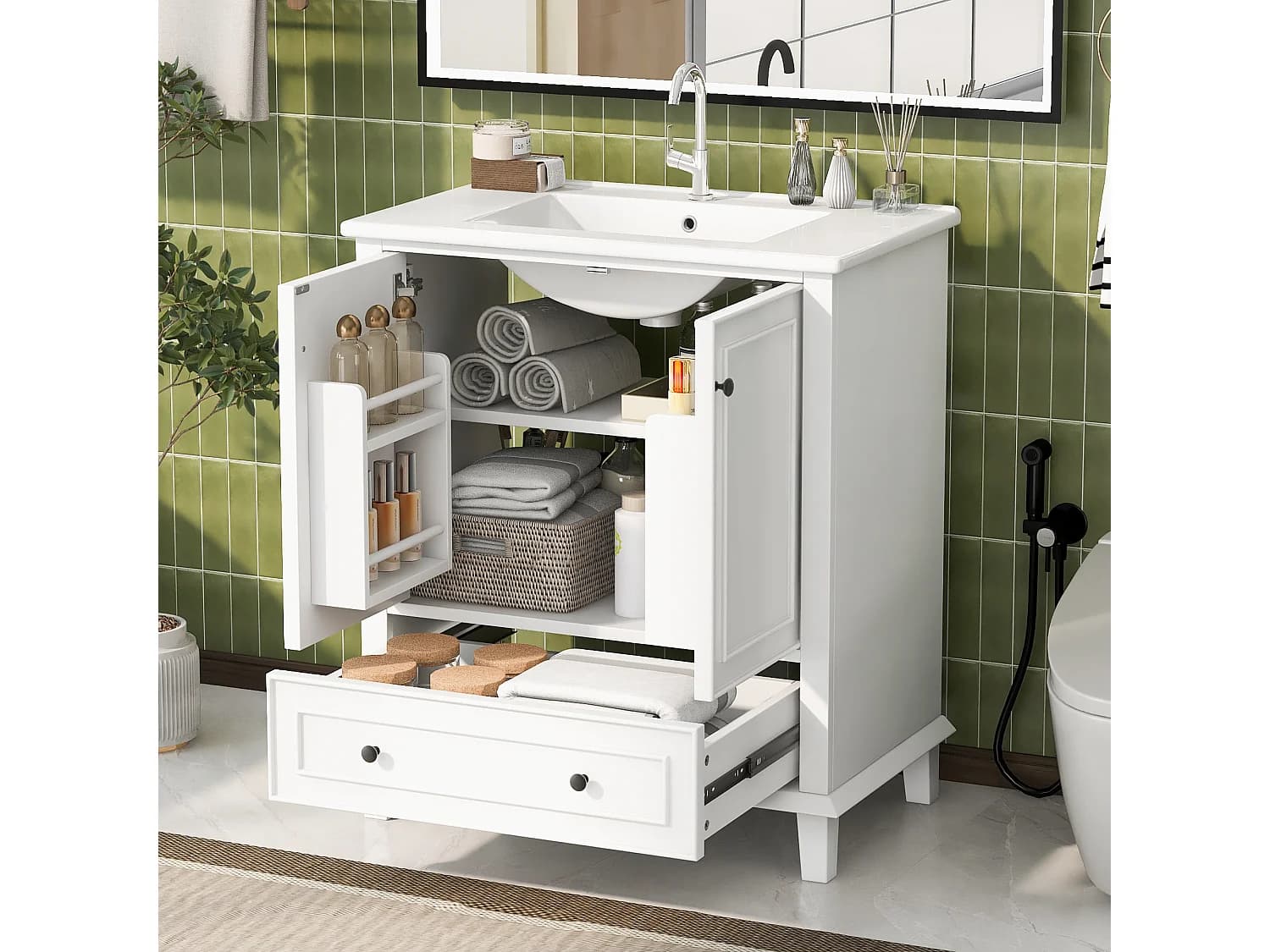 Meuble de salle de bain avec lavabo intégré, pieds en bois massif, MDF laqué, étagères réglables, céramique, blanc (76x46x87 cm)