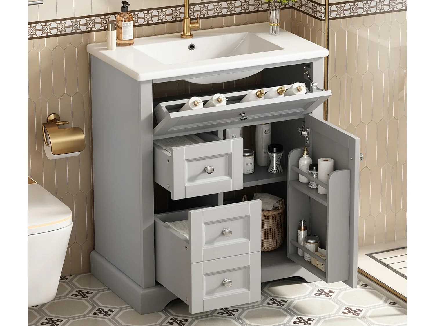 Meuble de salle de bain avec une vasque en céramique - avec 1 porte et 2 tiroirs - gris(robinet non inclus)