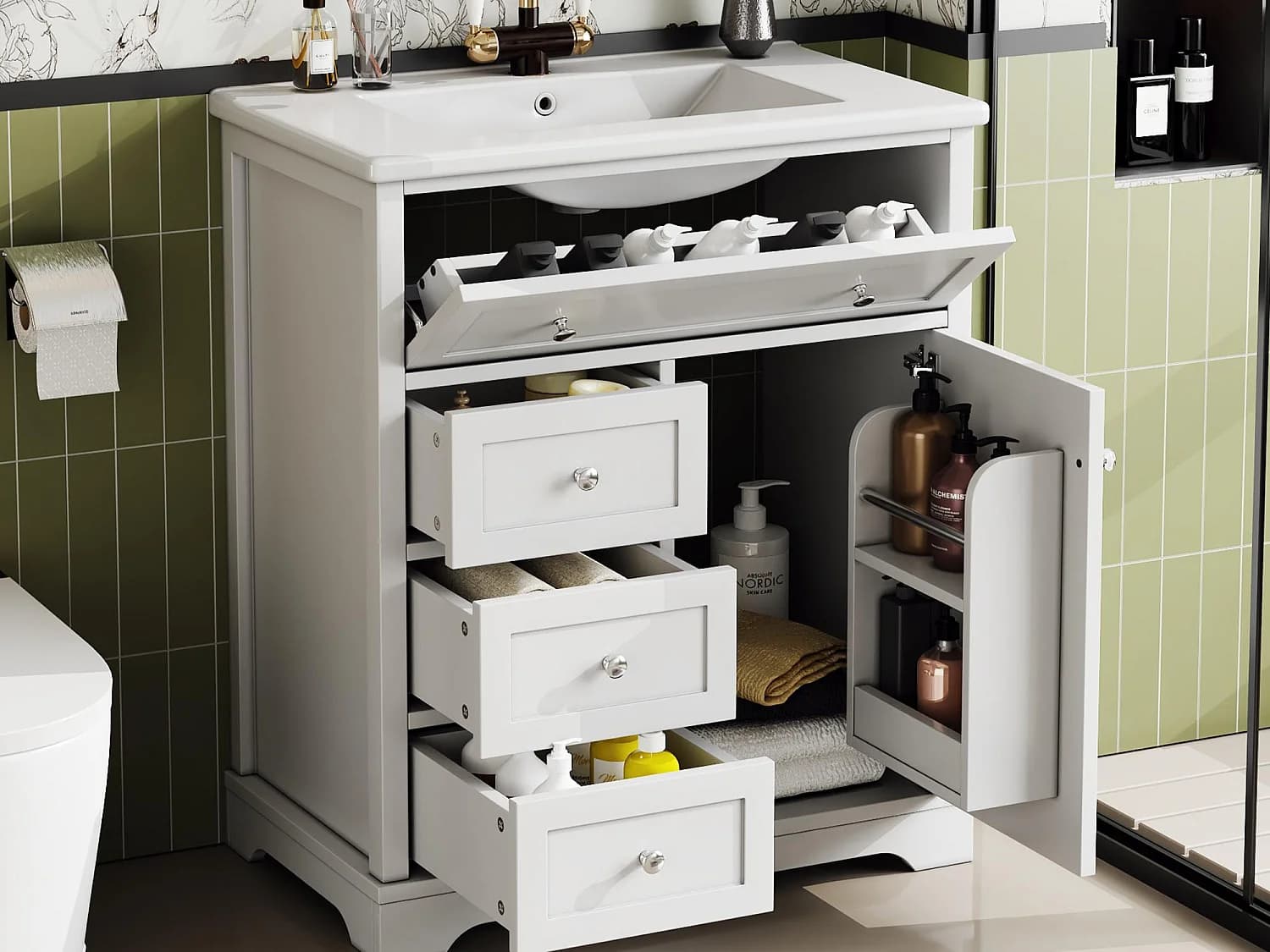 Meuble de salle de bain avec une vasque en céramique - avec 1 porte et 3 tiroirs - blanc(robinet non inclus)