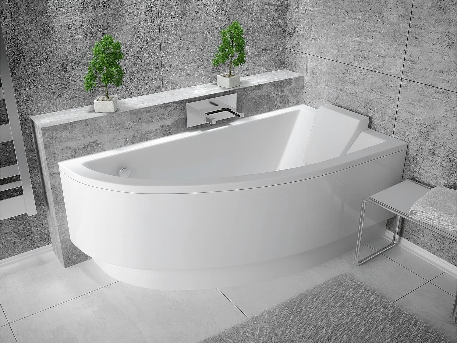 Baignoire asymétrique 150x70 Droite PRAKTIKA acrylique blanc + avec Tablier + Pieds + Vidage à chromé