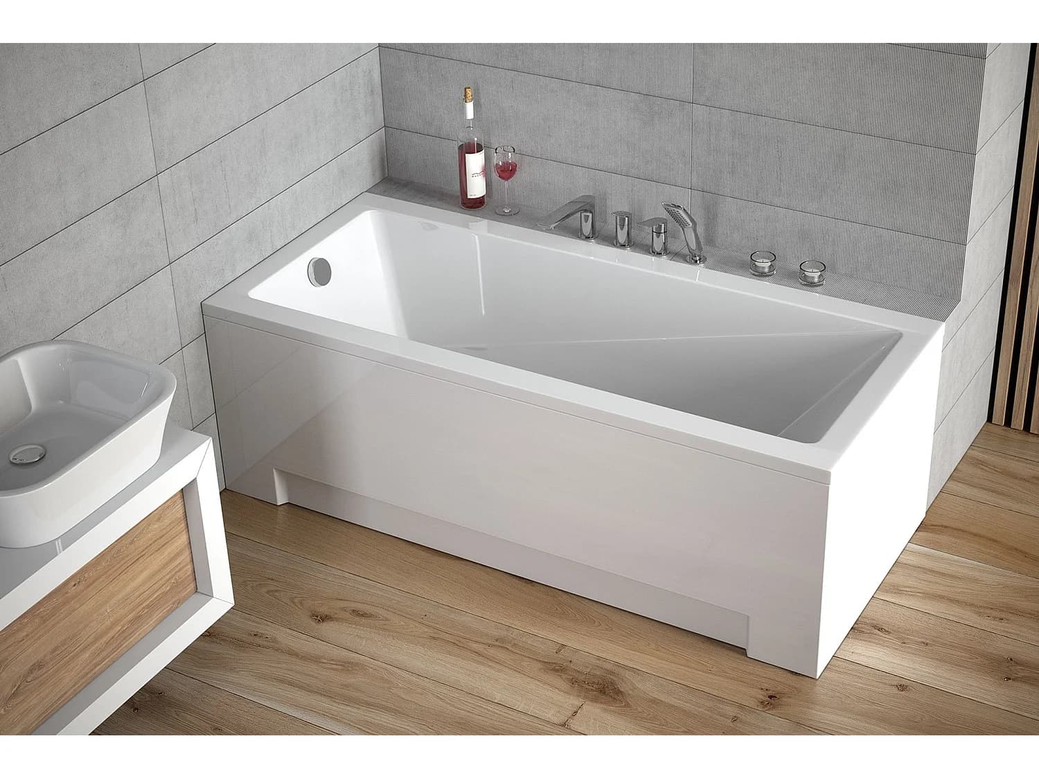 Baignoire rectangulaire 140x70 MODERN acrylique blanc + avec Tablier + Pieds + Vidage à chromé