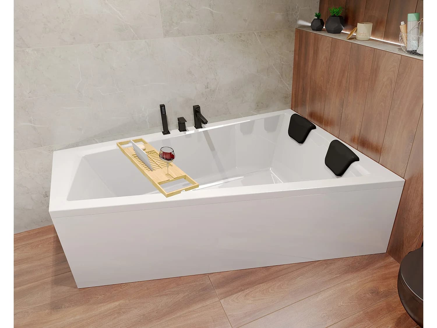 Baignoire asymétrique 150x85 Droite INTIMA acrylique blanc, sans Habillage + Étagère bambou + Pieds + Vidage à chromé