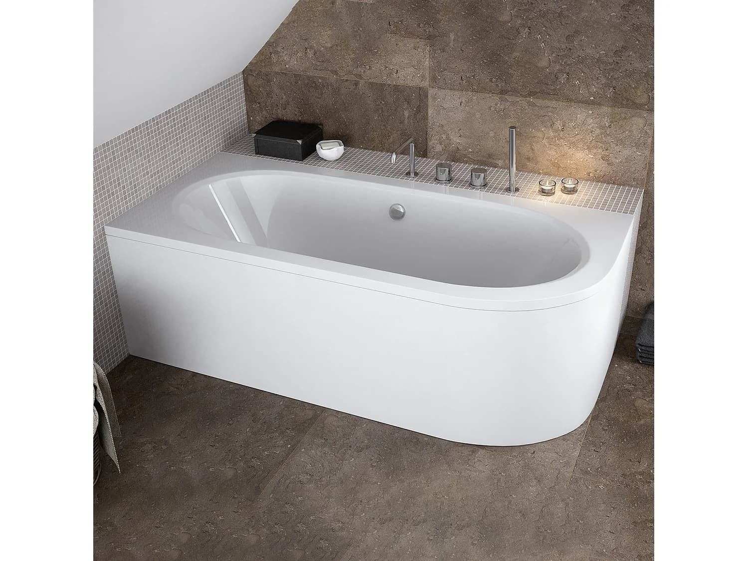 Baignoire asymétrique 150x75 Gauche AVITA acrylique blanc + avec Tablier + Pieds + Vidage à chromé