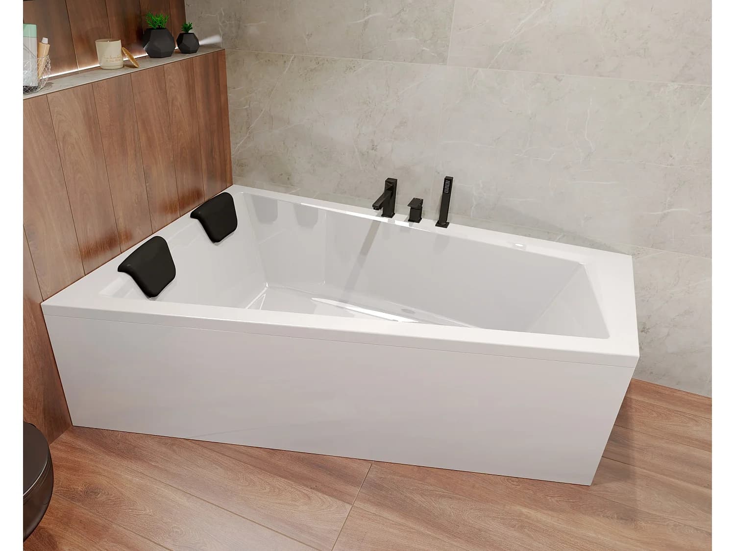 Baignoire asymétrique 150x85 Gauche INTIMA acrylique blanc, sans Habillage + Repose Tête + Pieds + Vidage à chromé