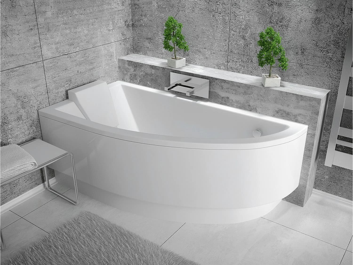 Baignoire asymétrique 140x70 Gauche PRAKTIKA acrylique blanc + avec Tablier + Pieds + Vidage à chromé