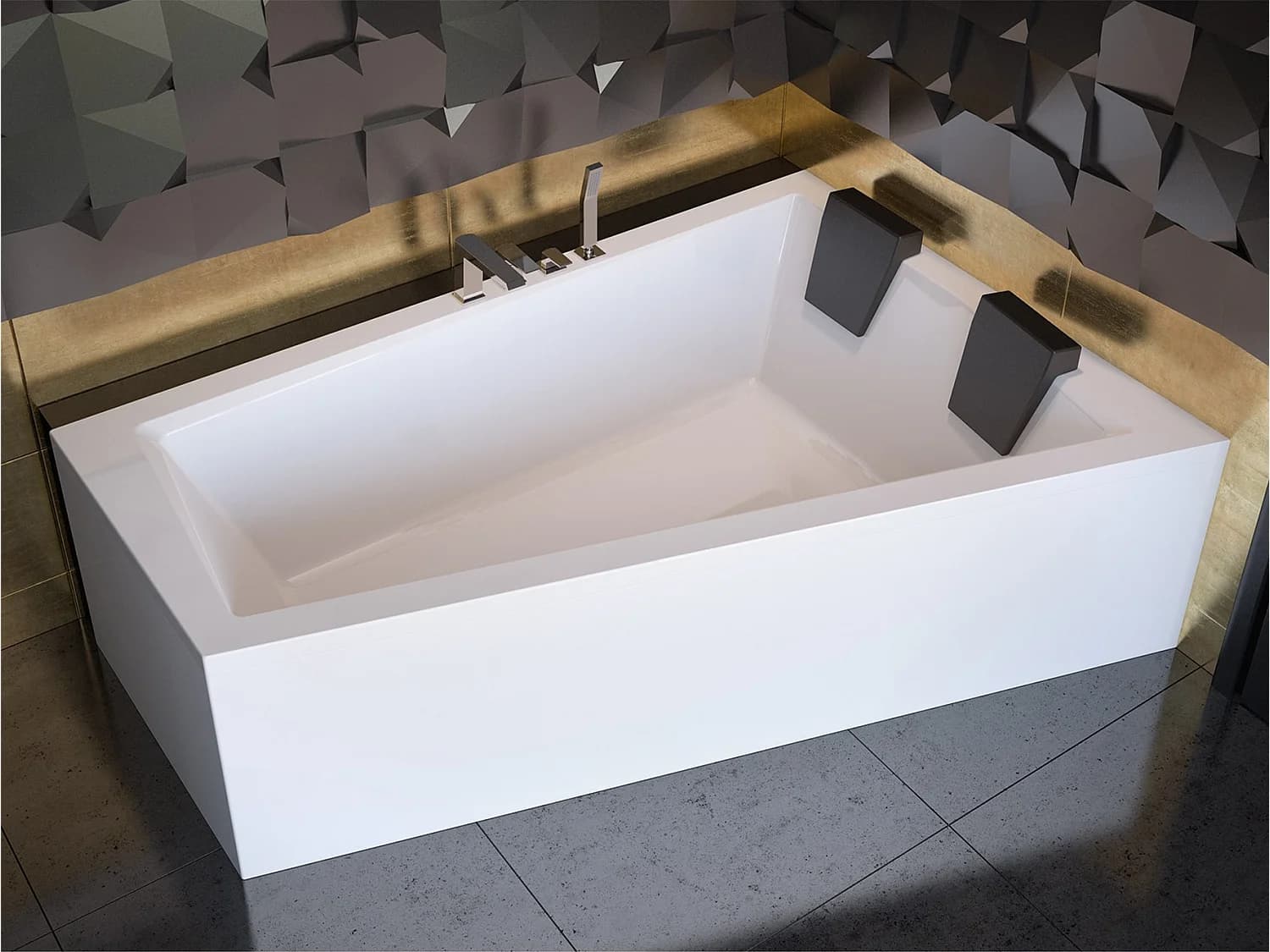 Baignoire asymétrique 180x125 Droite INTIMA acrylique blanc + avec Tablier + Repose Tête + Pieds + Vidage à chromé