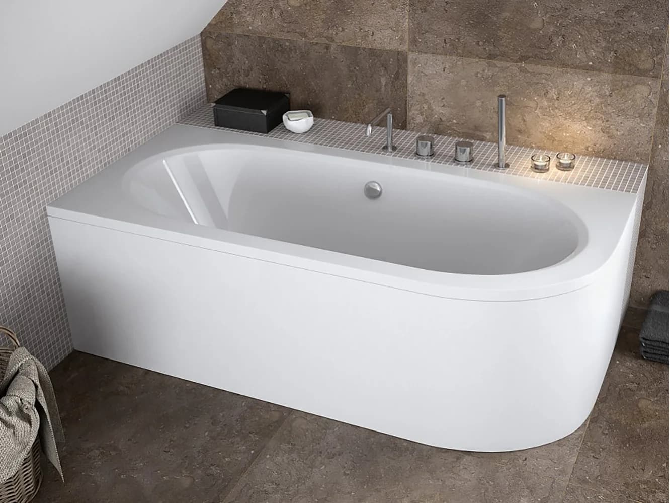 Baignoire asymétrique 160x75 Droite AVITA acrylique blanc + avec Tablier + Pieds + Vidage à chromé