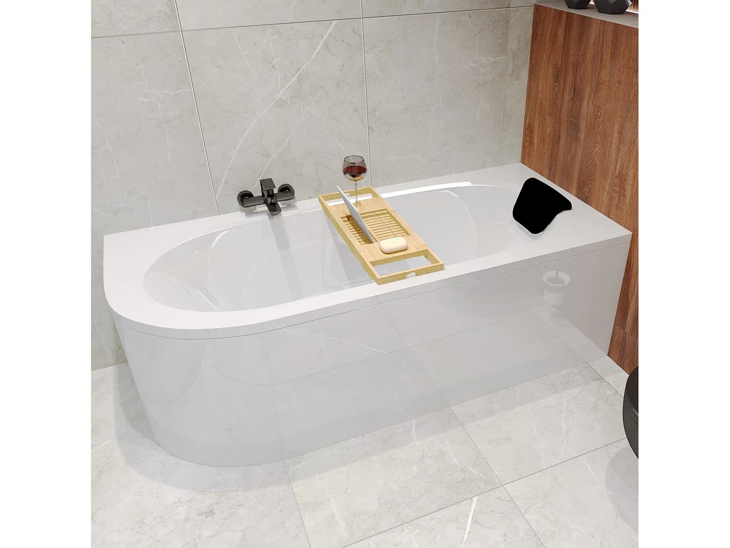 Baignoire asymétrique 170x75 Droite AVITA acrylique blanc, sans Habillage + Repose Tête + Étagère bambou + Pieds + Vidage à chromé